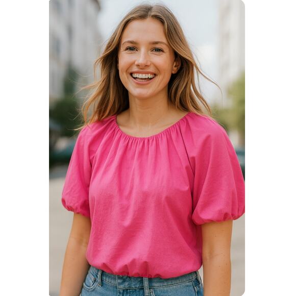 & Merci Hot Pink Women's Crop Top Bubble Sleeves Large Casual Spring Summer - Picture 1 of 10